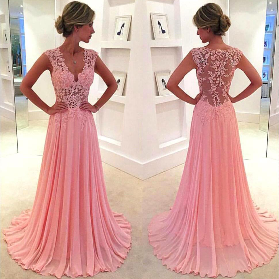 pink floral lace prom dress