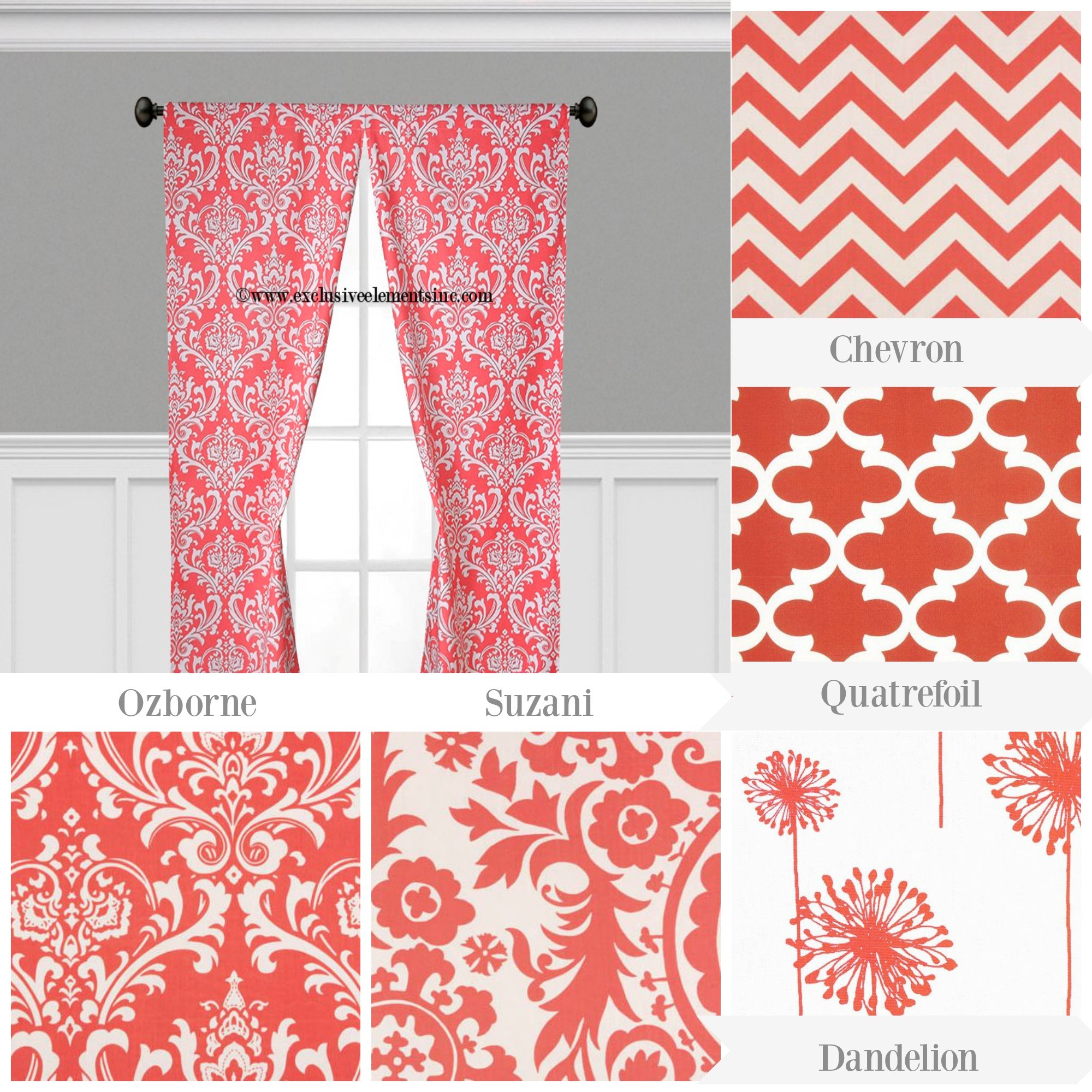 Coral Curtains Window Treatments Floral Quatrefoil Chevron Coral