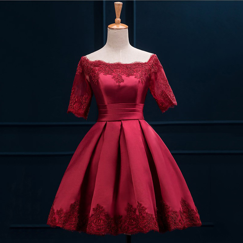 Red Satin Prom Dress with half Sleeves 