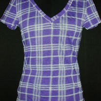 Purple Plaid Short Sleeve V neck, Size Small