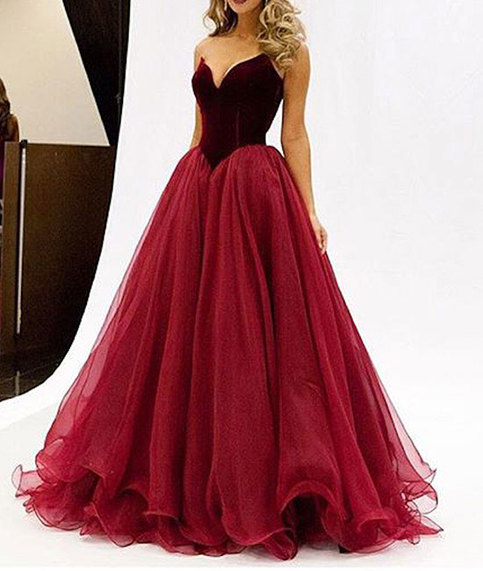 Burgundy sweetheart neck organza long prom dress