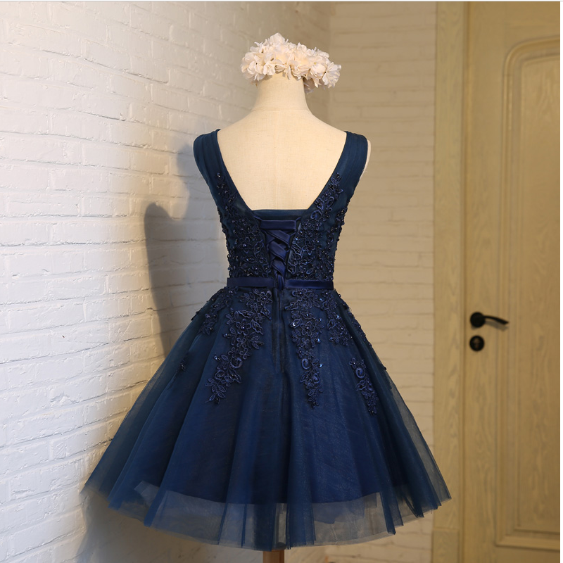 Charming Lace Short Sleeve Prom Dress Blue A-Line Evening Dress C8159