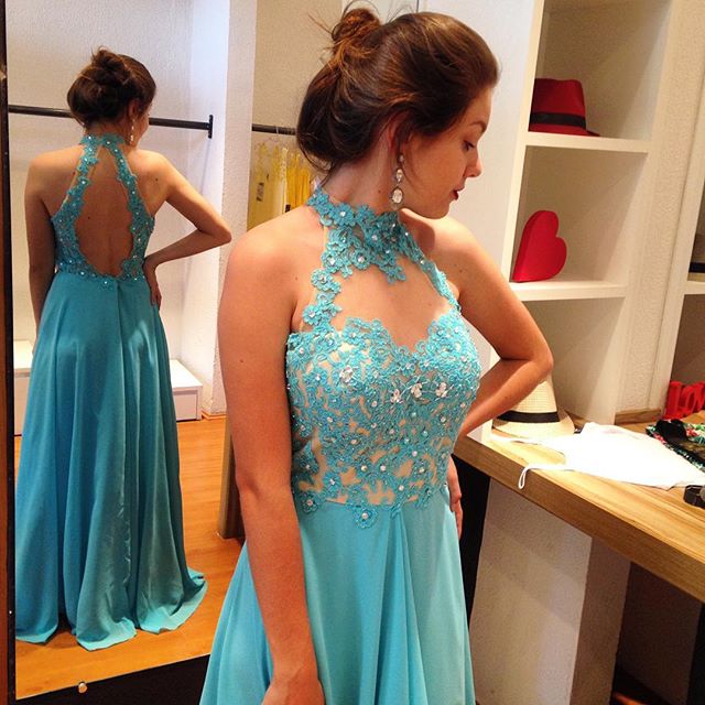 Mint Halter Chiffon Prom Dress, Keyhole 