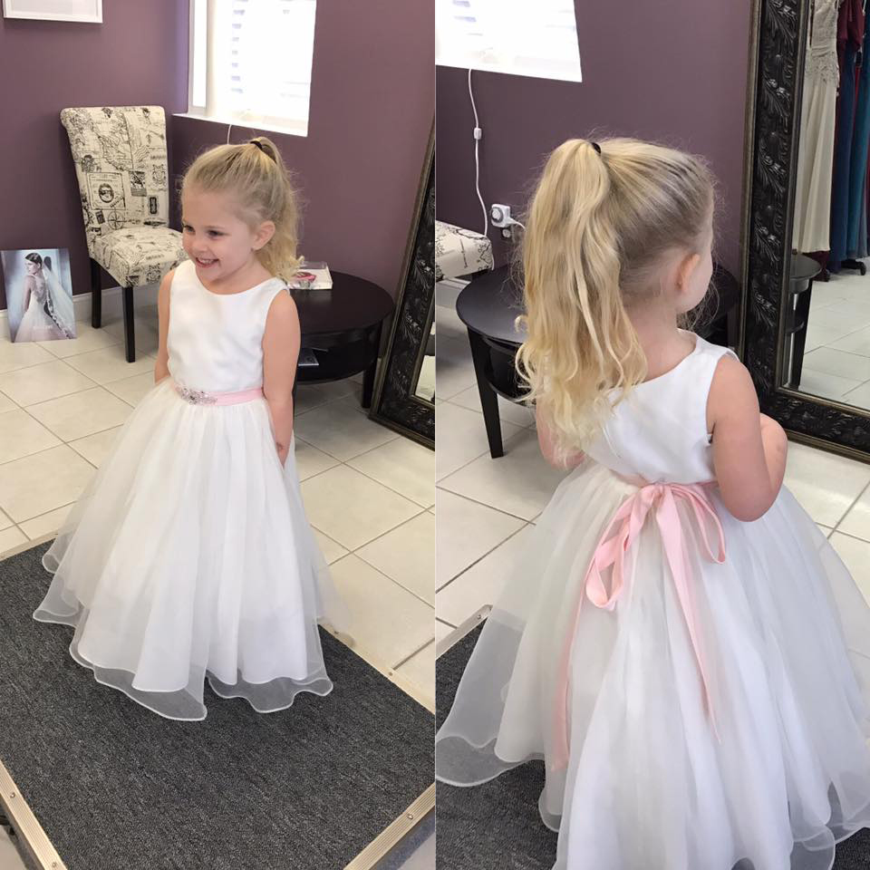 flower girl dress with pink sash