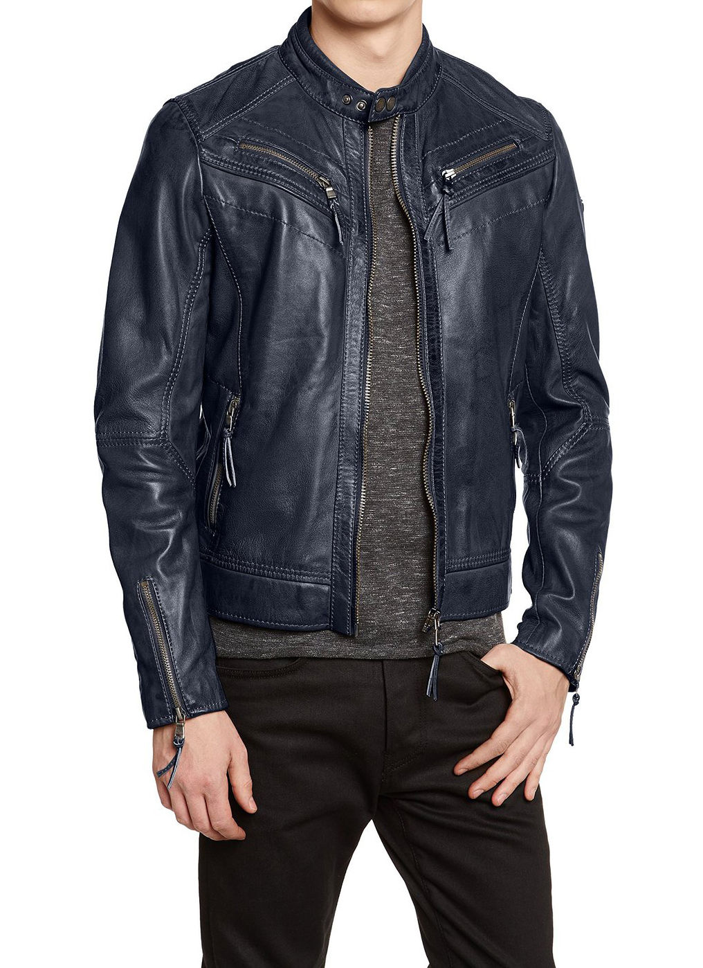 New Men's Leather Jacket Navy Blue Slim fit Biker Fashion ... (1016 x 1398 Pixel)