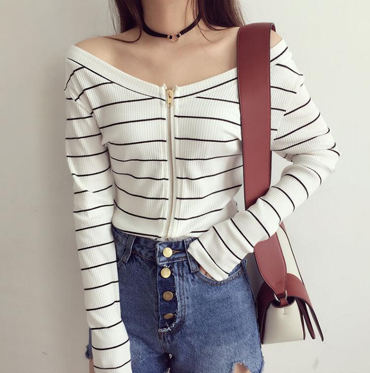 Off Shoulder Zipper Long Sleeve Stripe Shirts on Storenvy