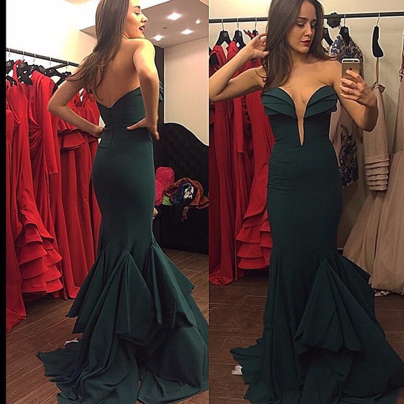 Dark Olive Green Strapless Long Prom Dress