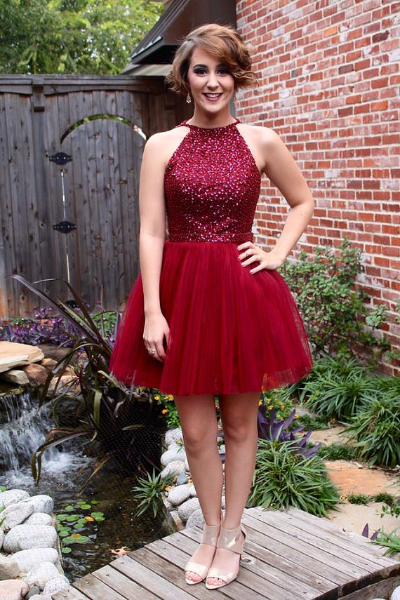 Sparkly red dress short Clearance