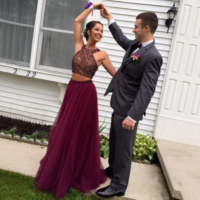 Burgundy Prom Dresses Girls A Line Two Piece Formal Party Dresses
