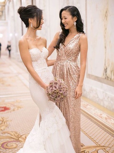 rose gold sparkly bridesmaid dresses