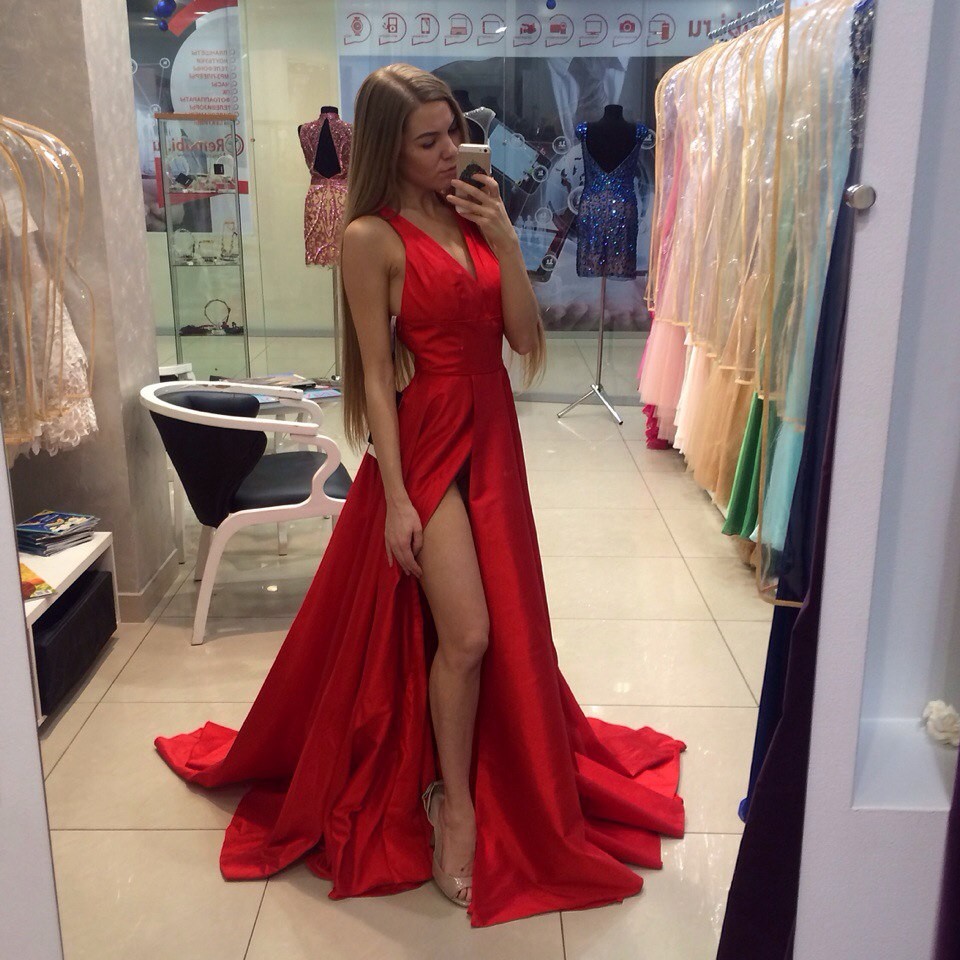 V Neck Sweep Train Prom Dress 