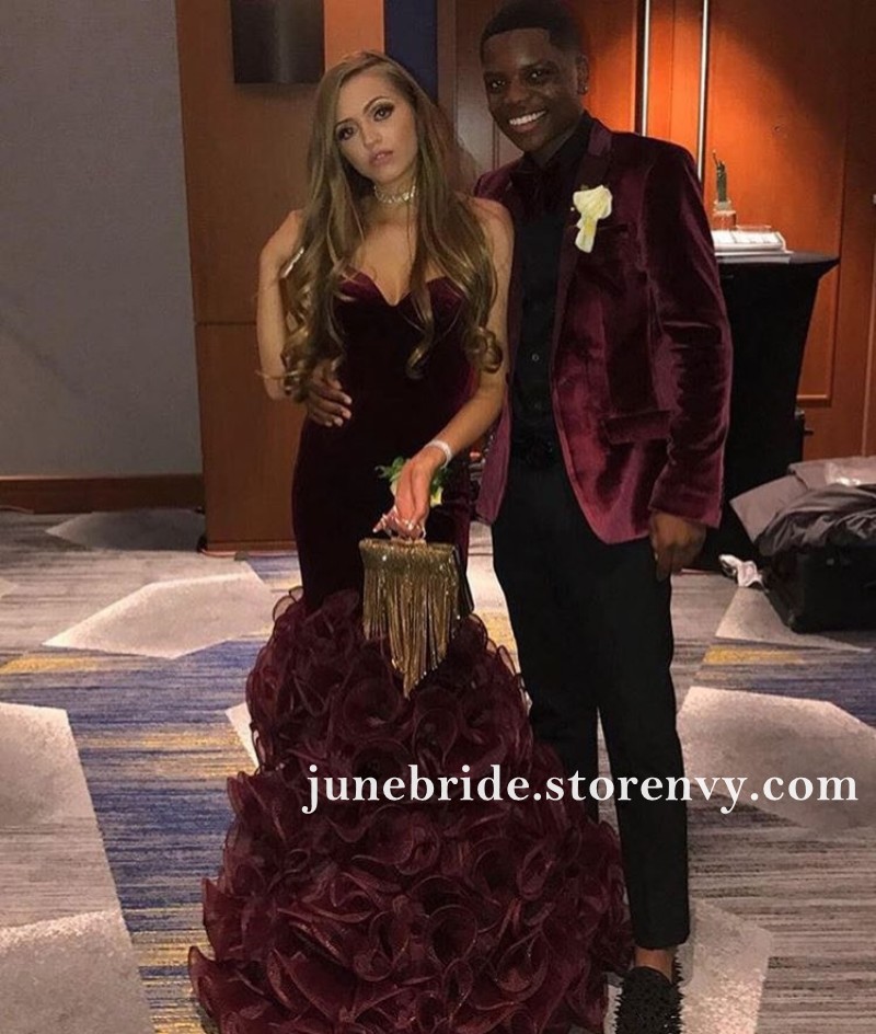 burgundy velvet mermaid prom dress