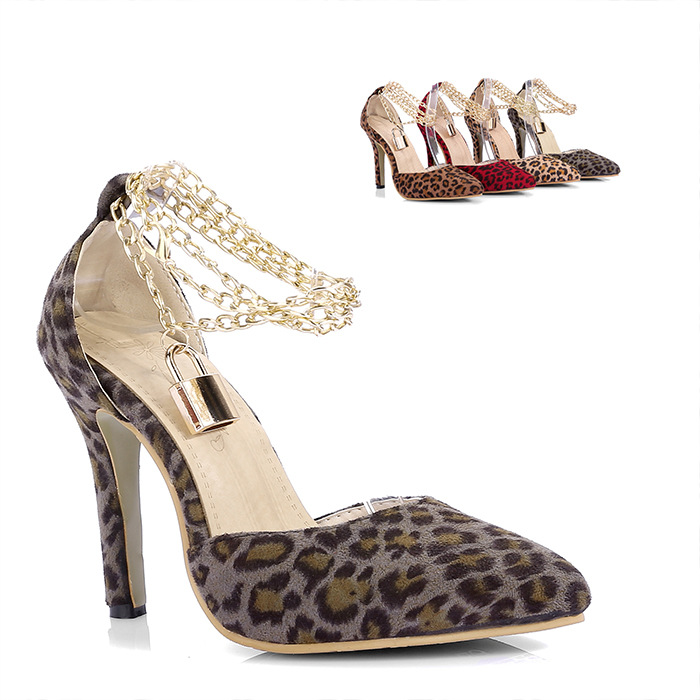 Pointed Toe Leopard High Heels Pumps with Linked Chains Ankle Strap Adorned with Padlock Charm Q