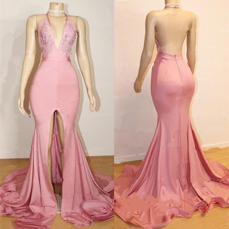 backless pink prom dress