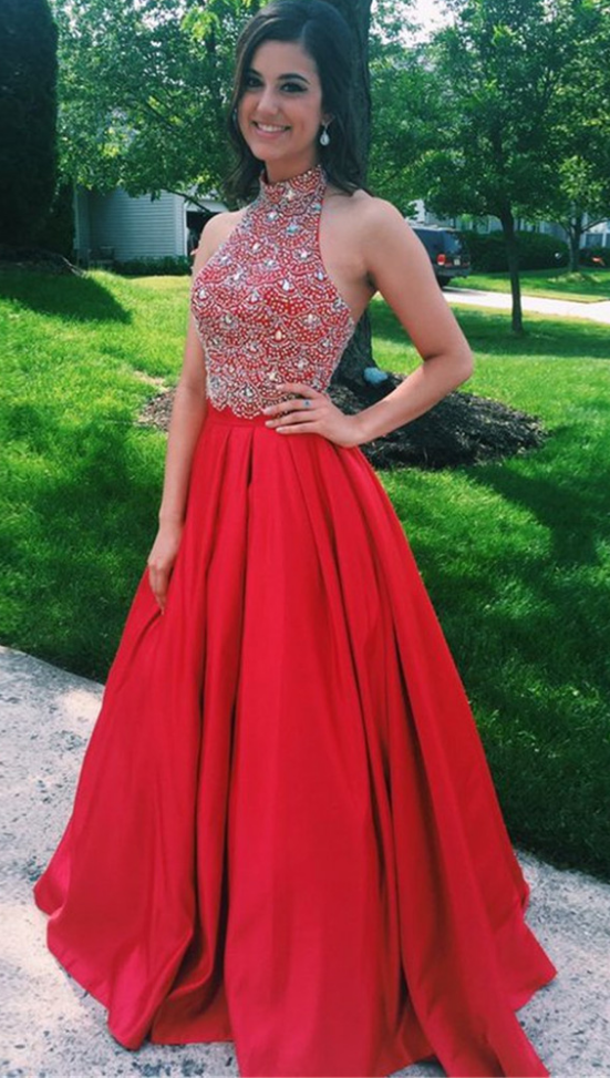 Gorgeous Red Long Prom Dress Halter Sequins Crystal Beaded Satin