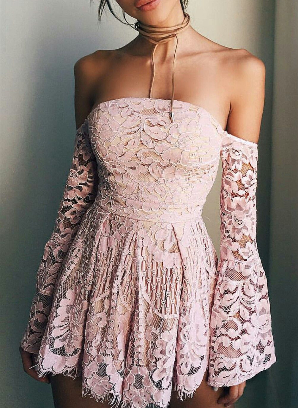 Sweet Pink Lace Off The Shoulder Homecoming Dress Long Sleeves Mini