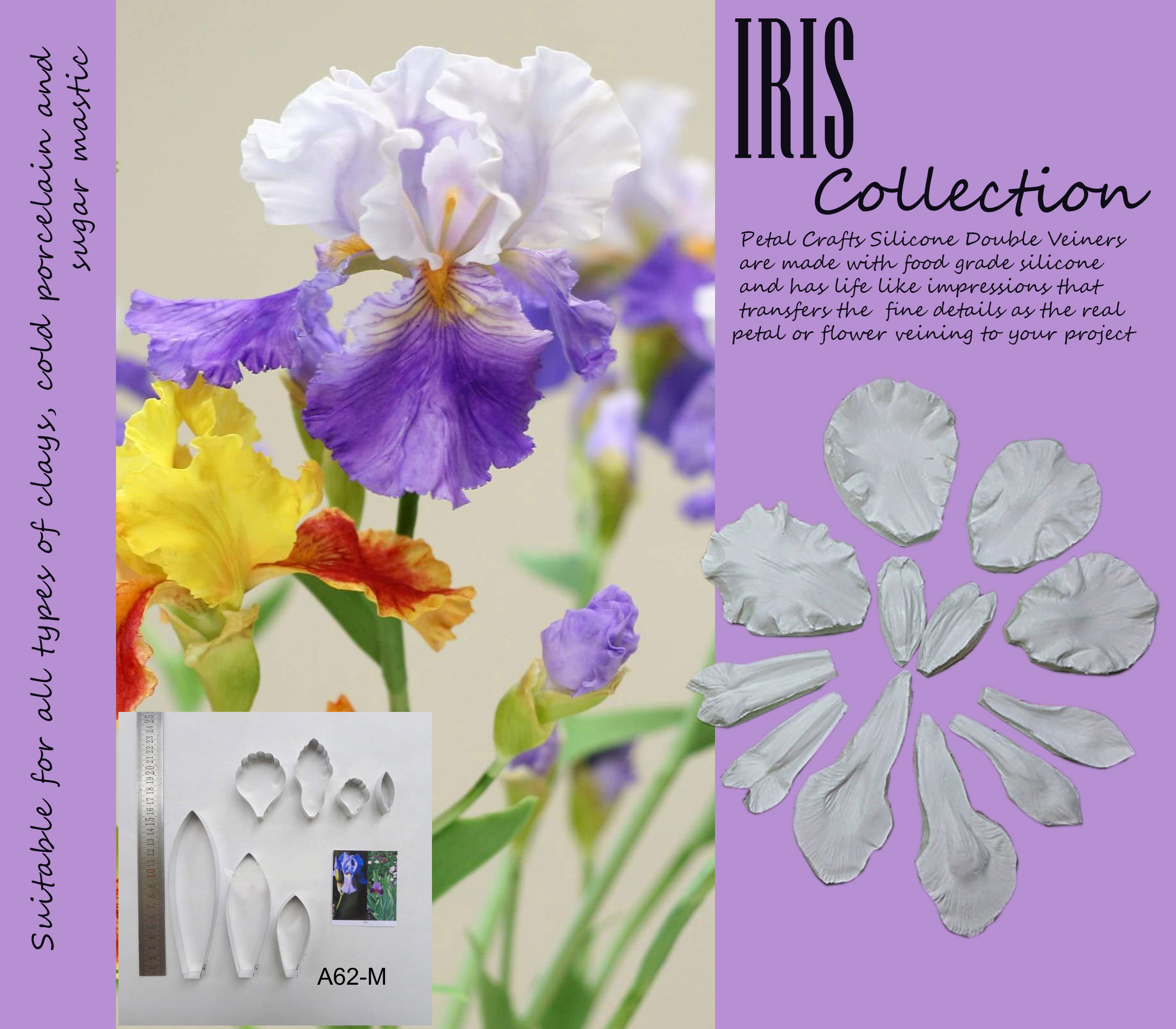 Iris Double Veiner Real Petal Leaf Flower Silicone Mould Mold Cutter