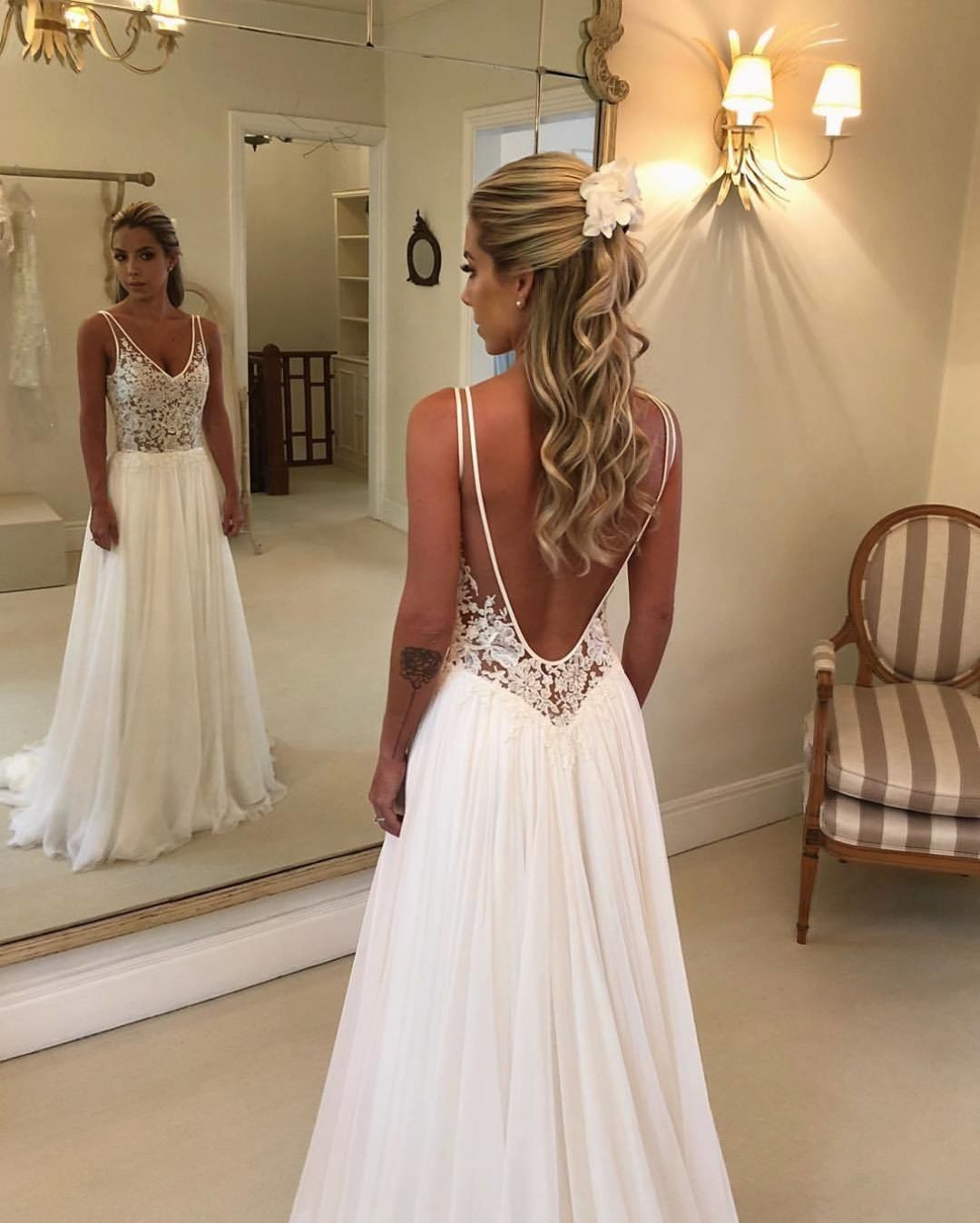 Sexy Ivory Chiffon Wedding  Dress  Elegant Deep V Neck Open  