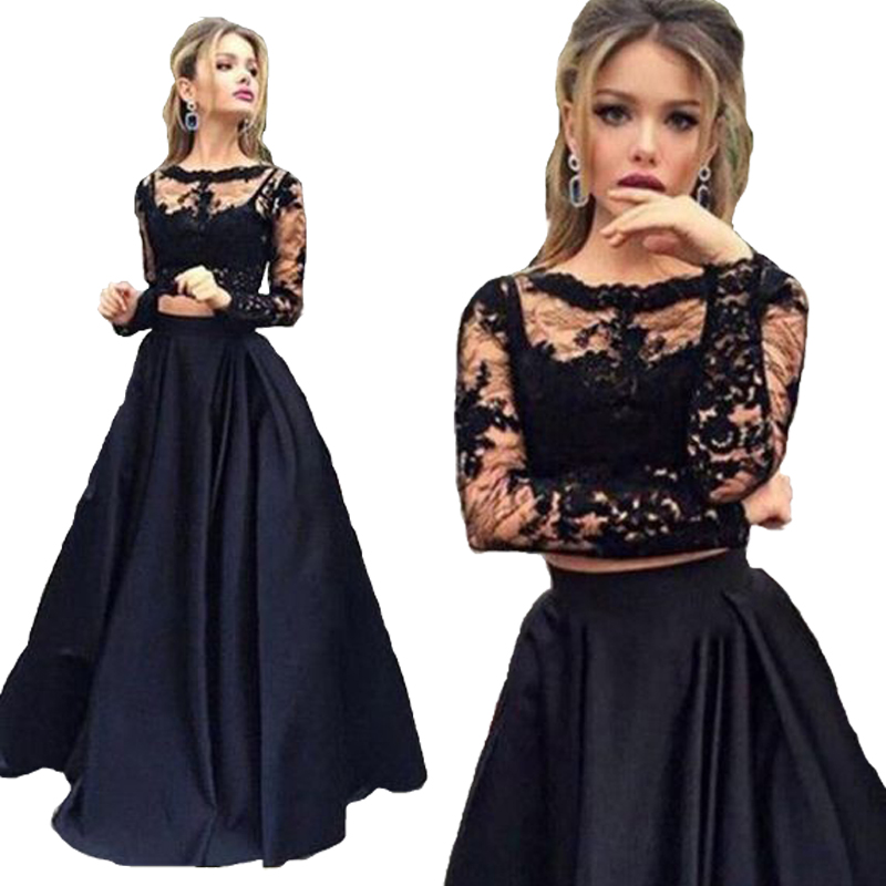 Black Lace Prom Dress Elegant Long Sleeves Two Piece Floor Length