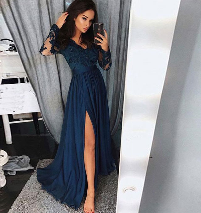 v neck lace long prom dress 
