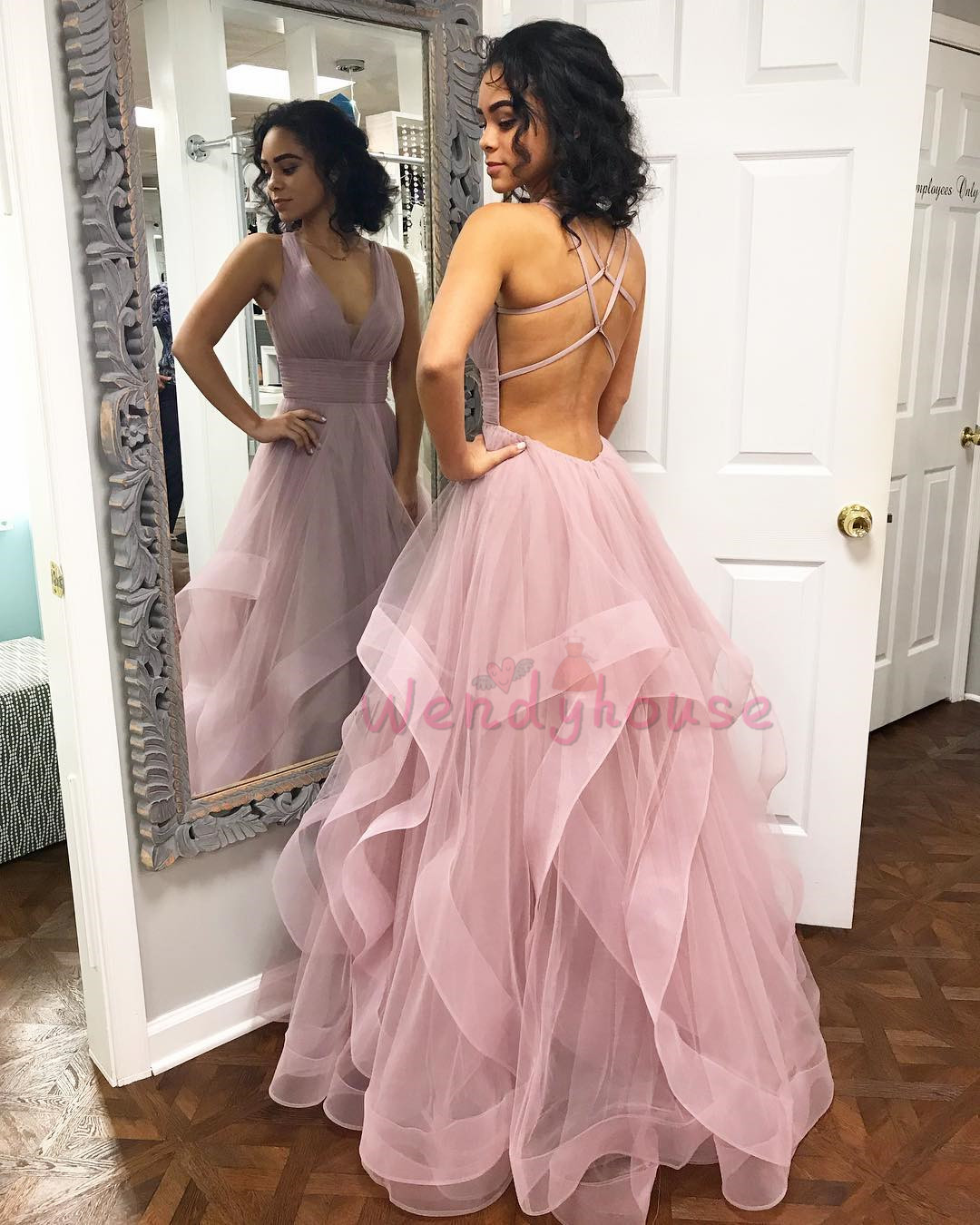 Pink Ruffled Long Prom Dress with Criss 
