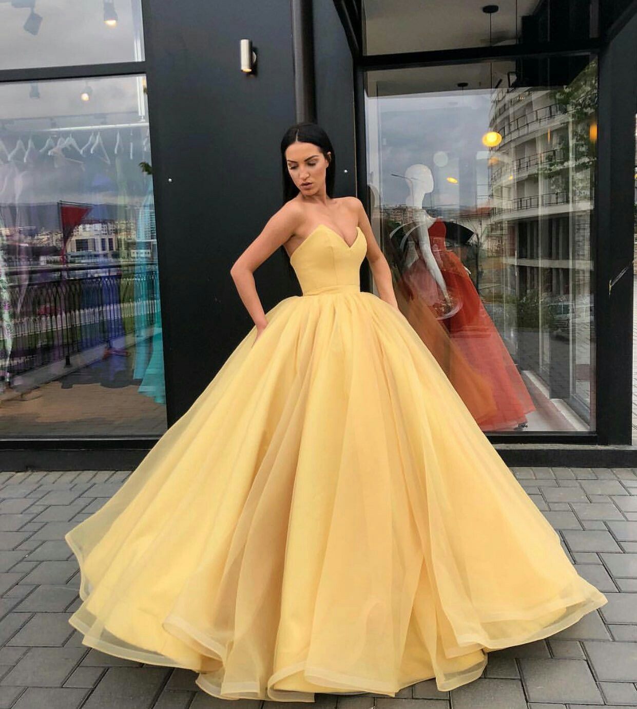 Yellow Tulle Satin Long Prom Dresses 