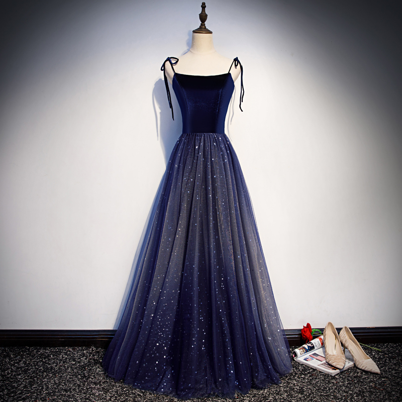 Blue tulle velvet long prom dress, blue evening dress · Little Cute