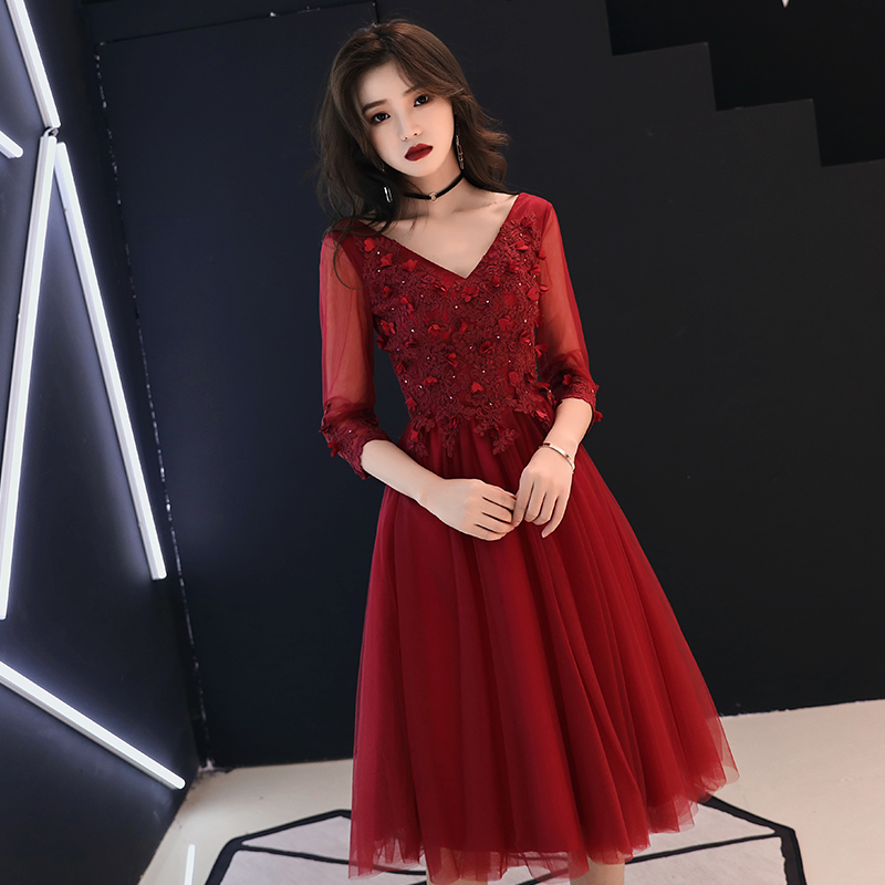 Burgundy v neck tulle lace short prom 