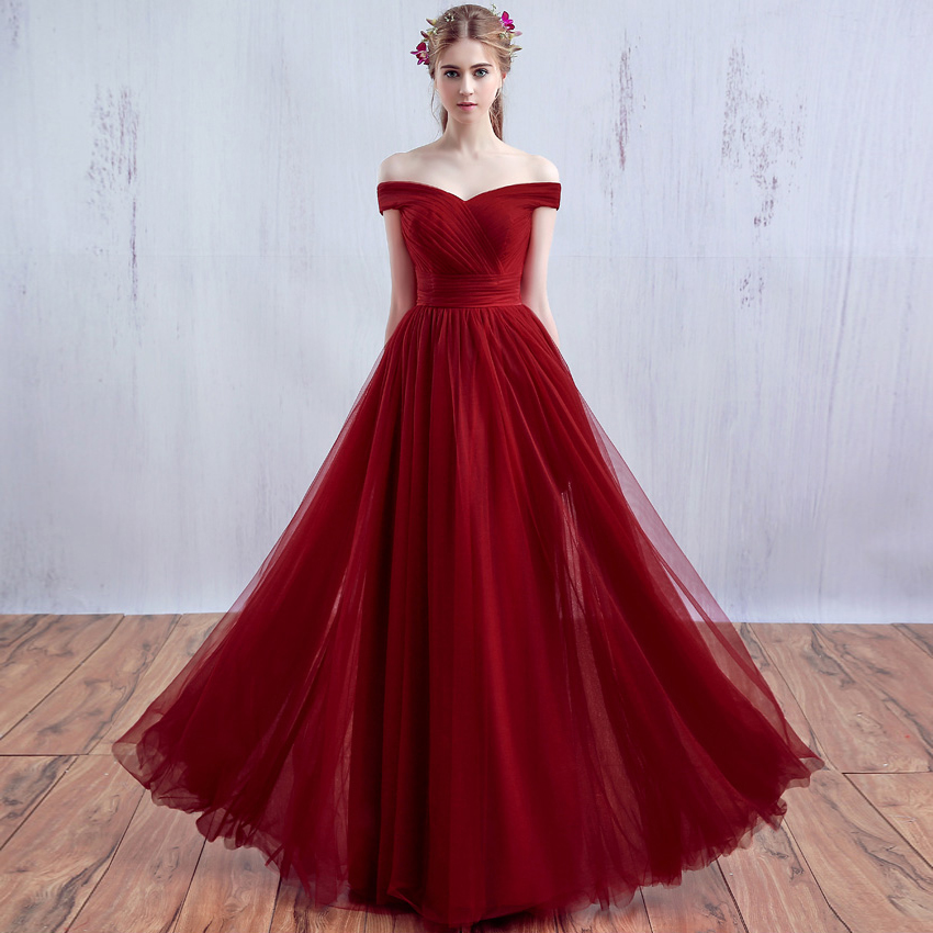 Burgundy v neck tulle long prom dress 