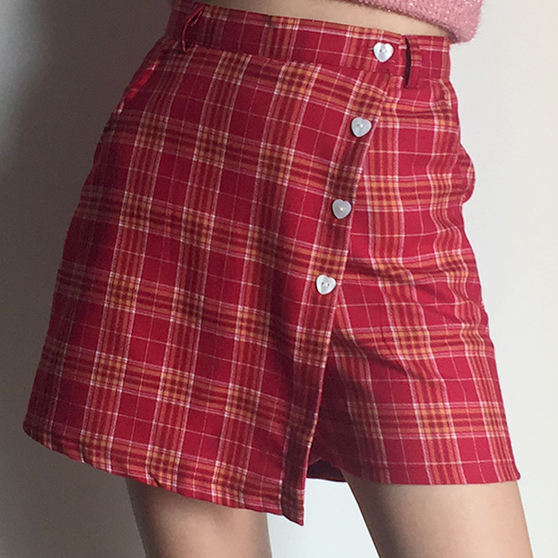 button front plaid skirt