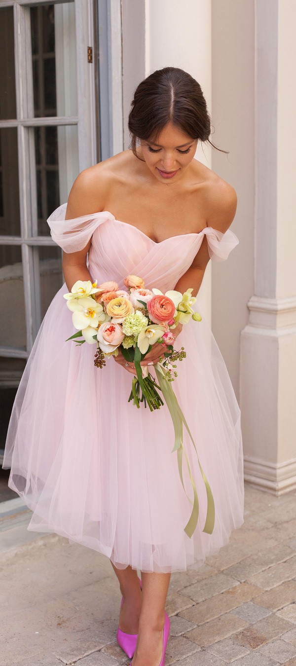 off the shoulder tea length wedding dress