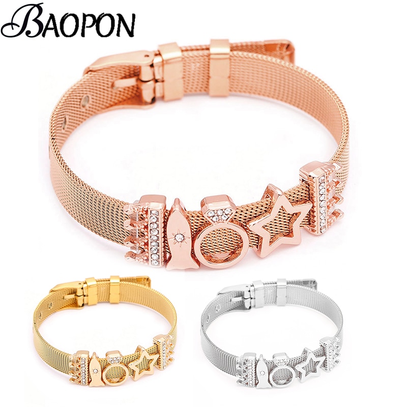 Rose Gold Stainless Steel Charm Bracelet Crown \u0026 Star Pandora Reflexions Mesh Bracelets for Women Men Lover Gift from mogford995