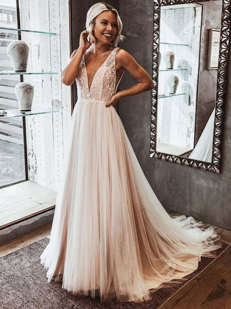 2019 New A-Line V Neck Open Back Ivory Tulle Wedding Dresses with Lace