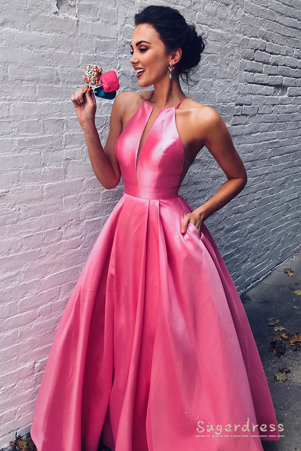 pink silky prom dress