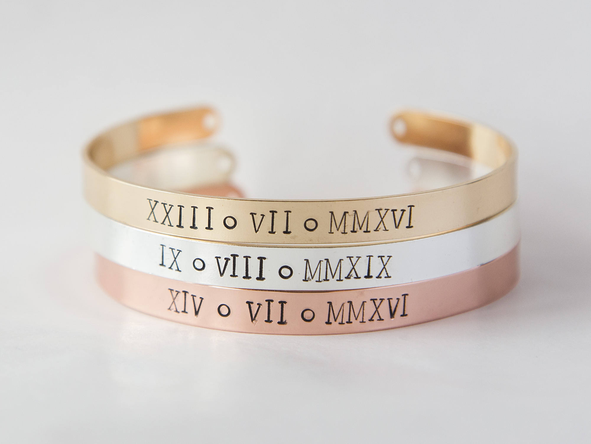 Custom Roman Numerals stamped cuff bracelet, hand stamped Roman Date
