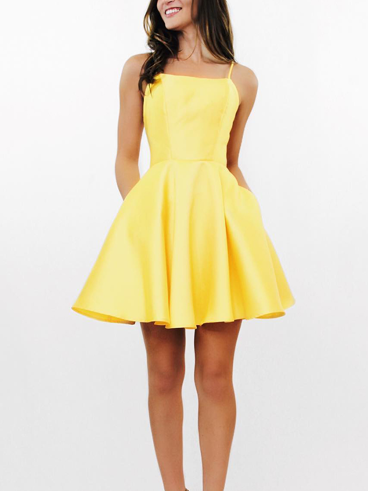 Yellow Satin Short Homecoming Dresses 