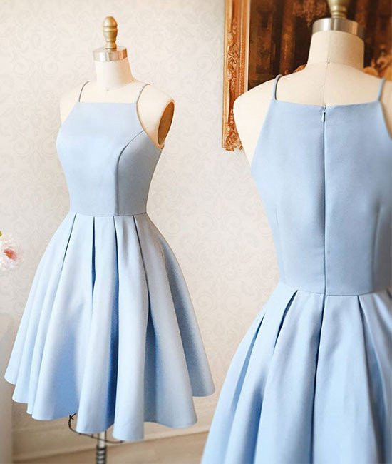 Cute blue satin short prom dress 