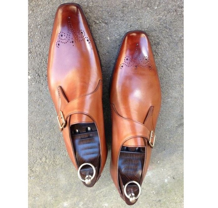Mens Handmade Shoes, Classic Oxfords Brown Leather Monk Strap Dress