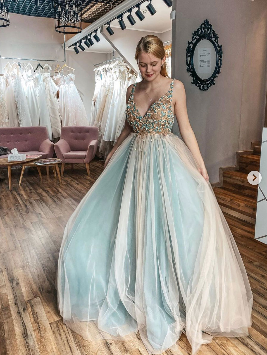Blue v neck tulle lace long prom dress blue lace formal dress Â· of girl Â· Online Store Powered 