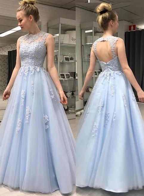 Round Neck Blue Tulle Long Prom Dresses 