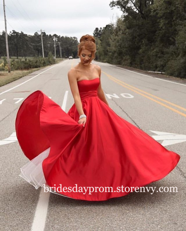 Red Ball Gown Satin Prom Dresses 