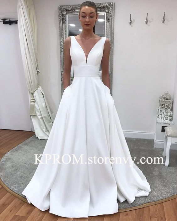 Long Satin White Wedding Dress 