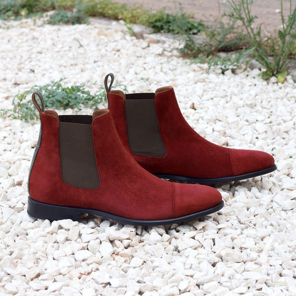 New Men's Red Color Suede Chelsea Boot, Men Cap Toe High Ankle Fashion