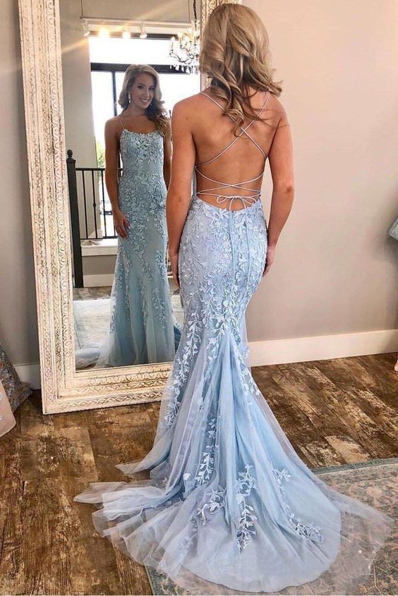 Light Blue Lace Prom Dress,Military 