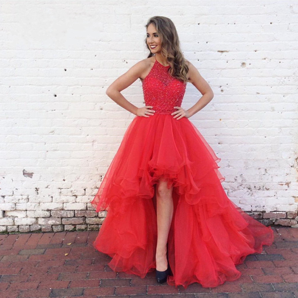 Red Tulle High Low Prom Dress Beaded 