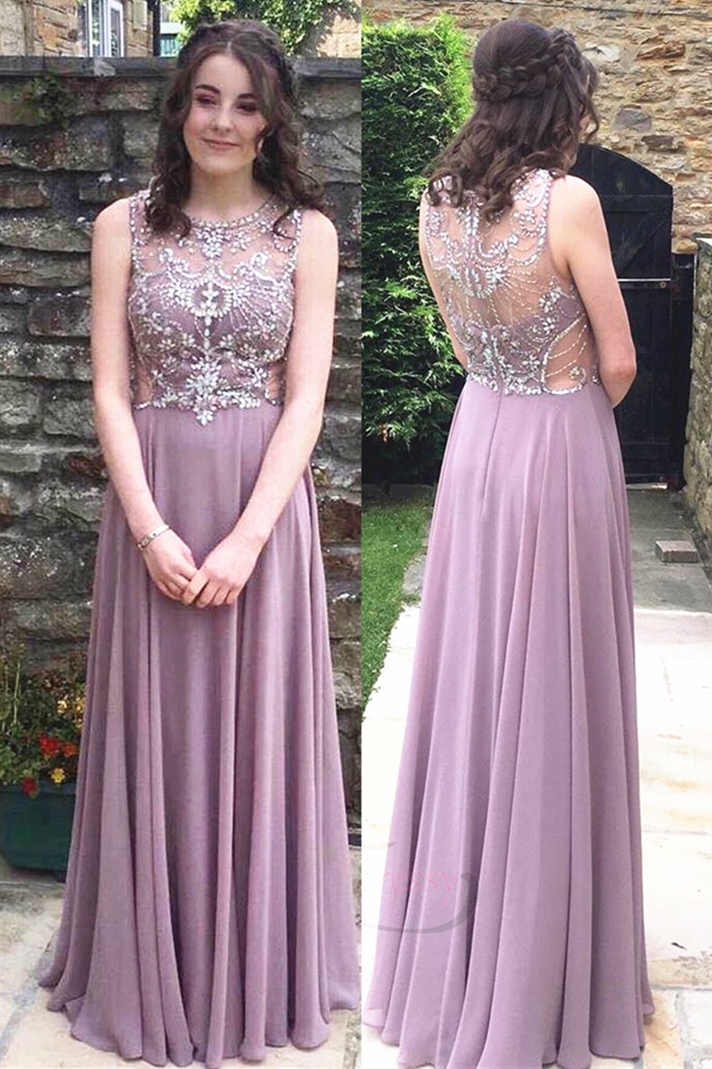 Beaded Bodice Chiffon Long Prom Dress 