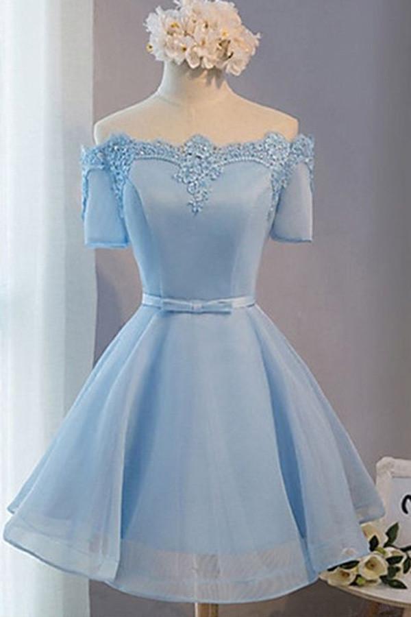 light blue off the shoulder short dress