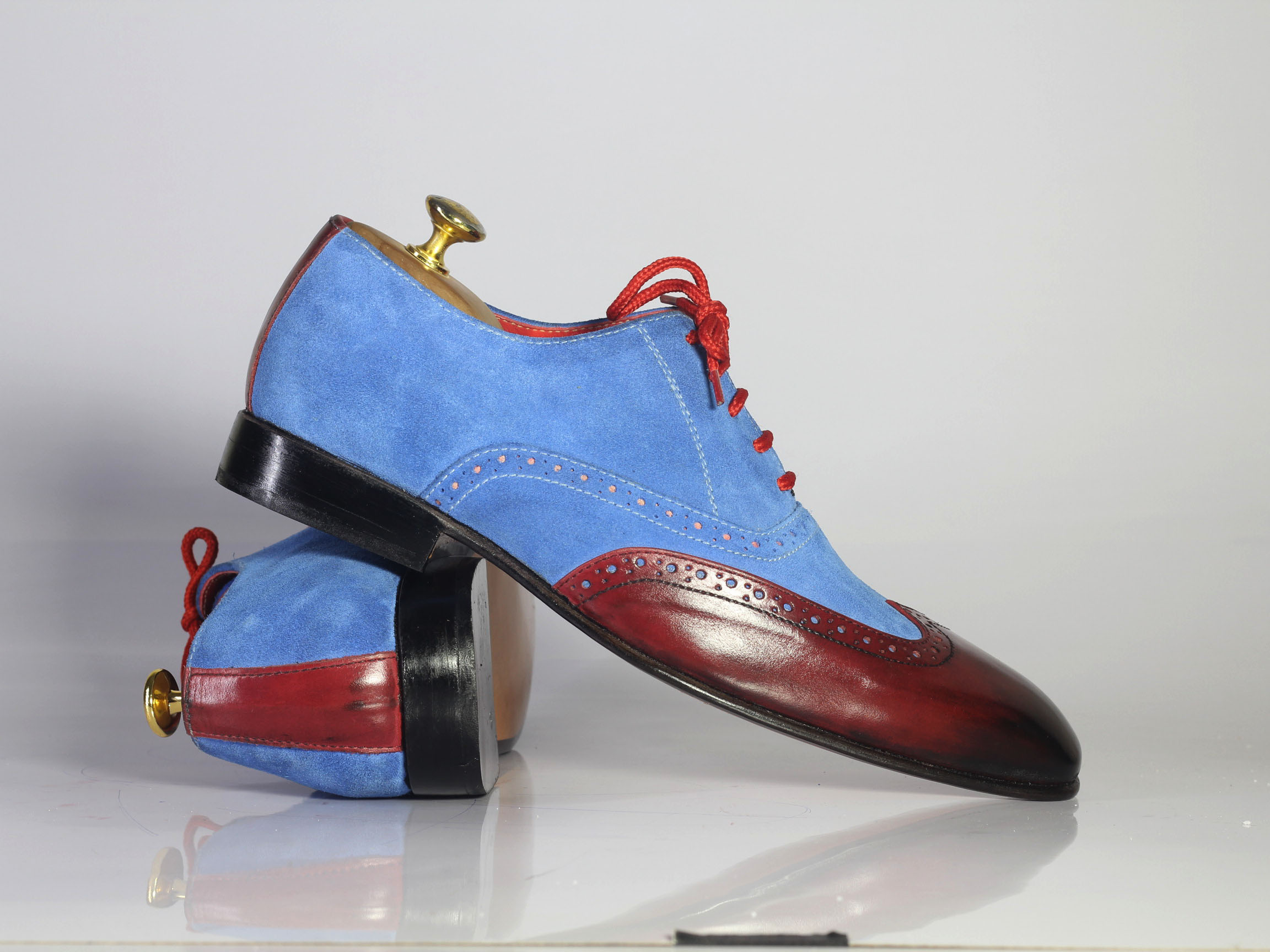 Handmade Sky Blue&amp;Dark Blue Suede&amp;Leather Stylish Shoes
