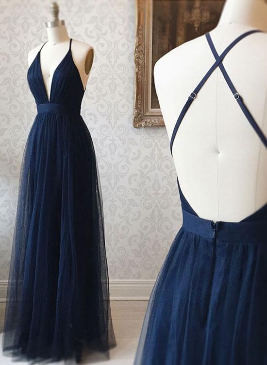 navy blue simple prom dress