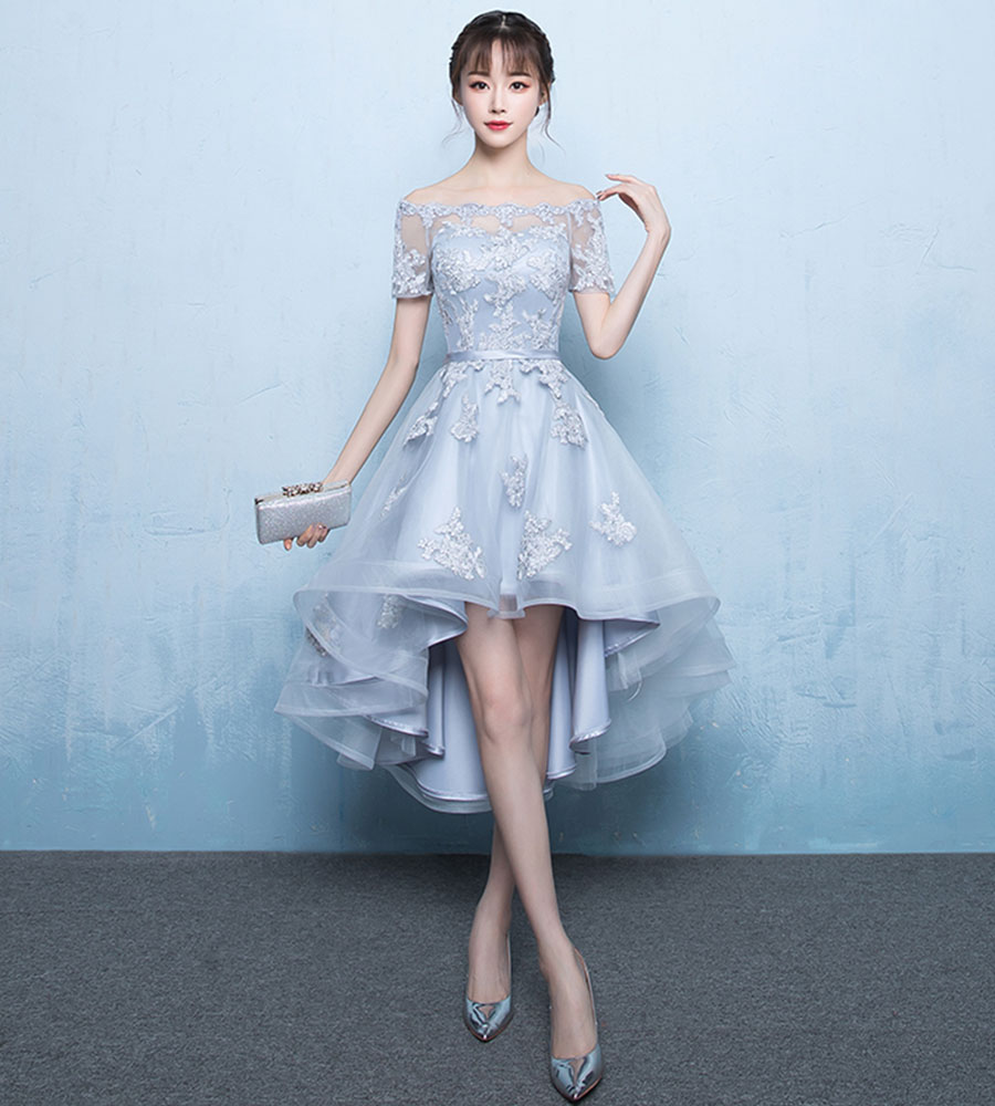 Cute lace short prom dress gray evening 